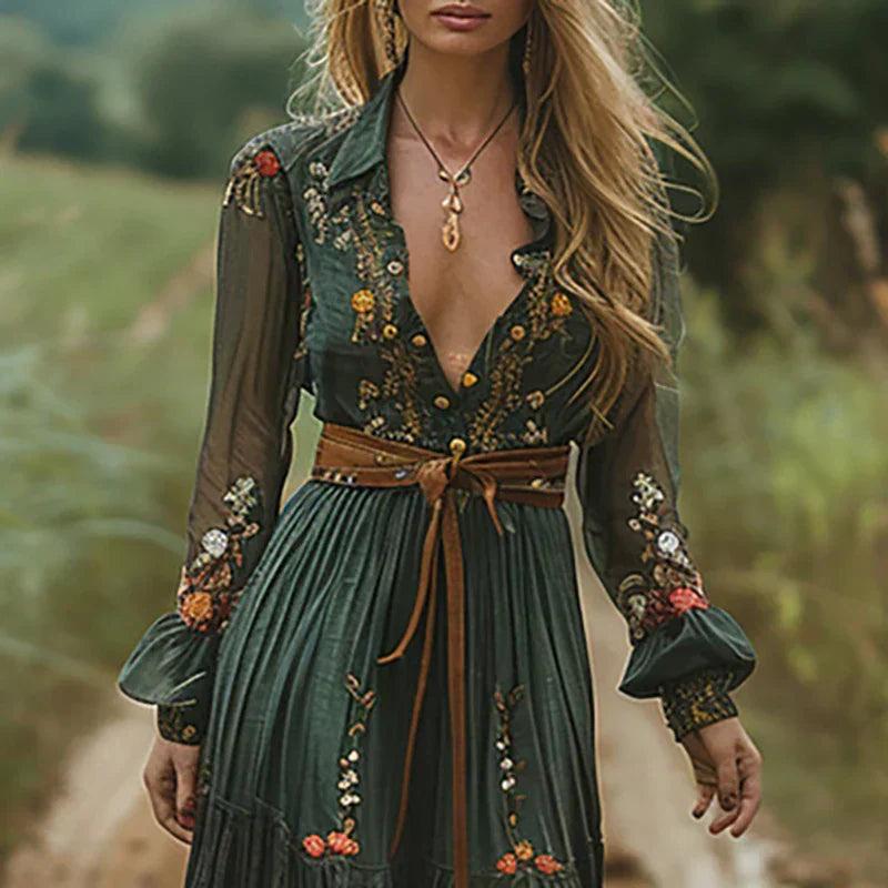 Bohemian Besticktes V-Ausschnitt Maxikleid für Damen 1