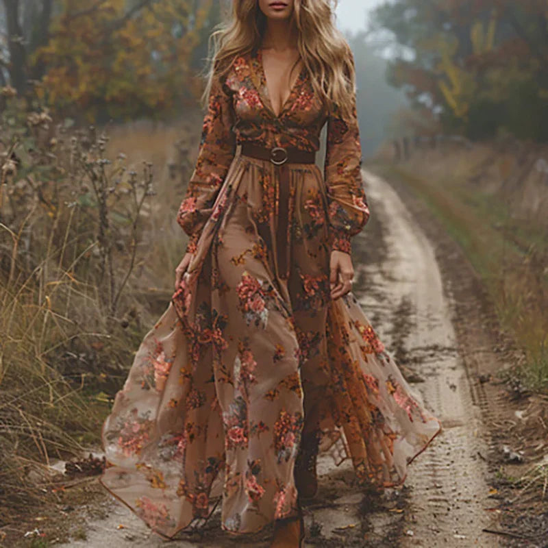Bohemian Besticktes V-Ausschnitt Maxikleid für Damen 3