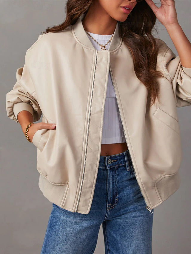 Damen Lederjacke - Lockerer Schnitt - Herbst Bomberjacke 0