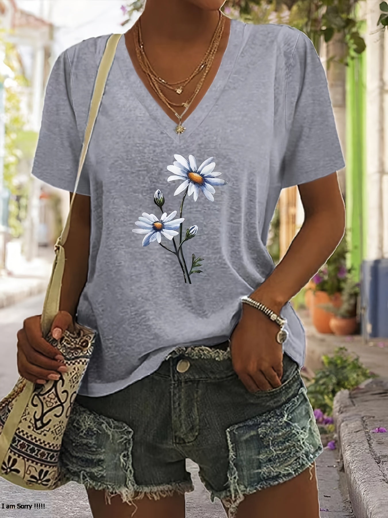 Celine™ - Floral V-Ausschnitt T-Shirt 0