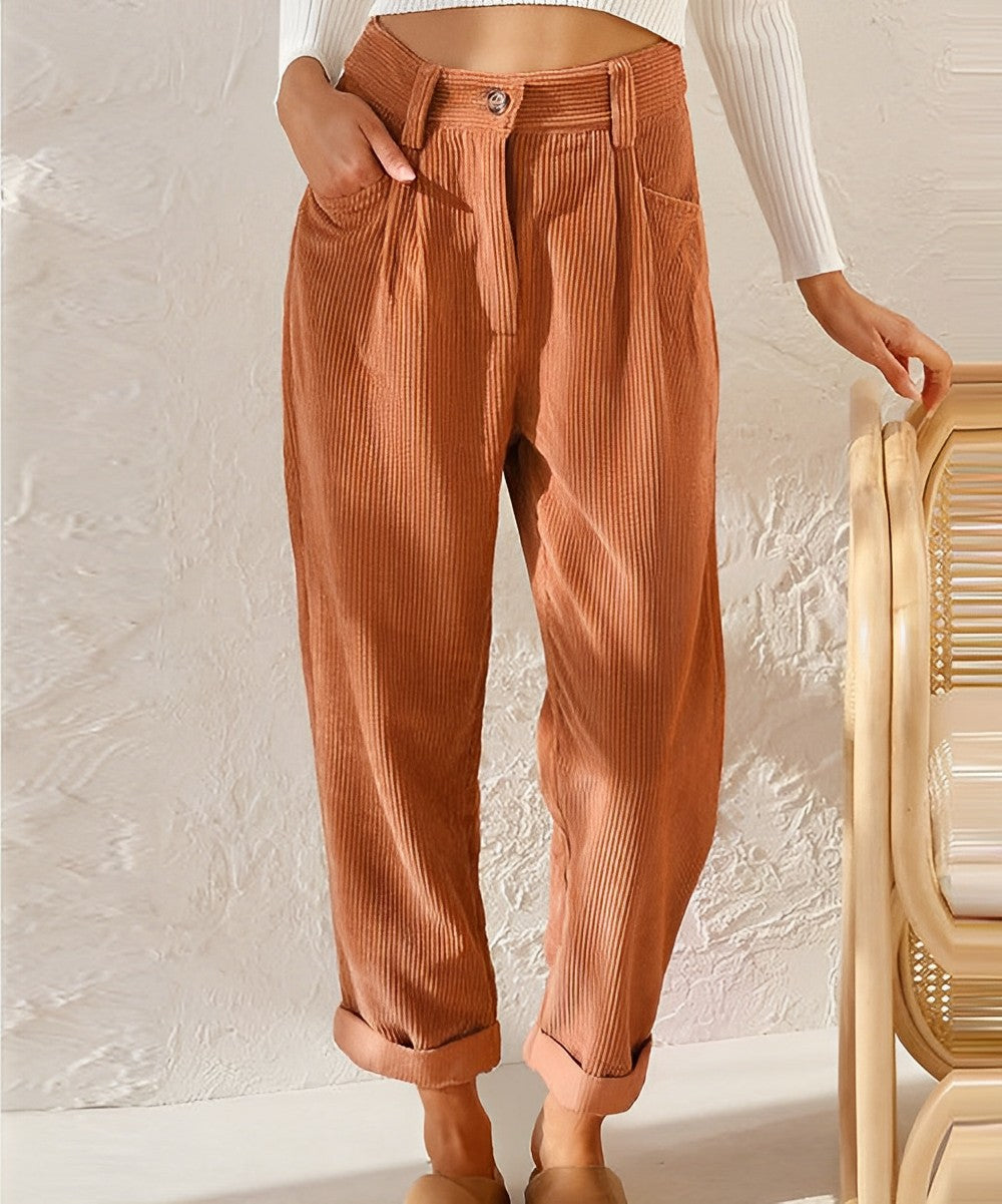 Cordhose Damen | High Waist Hose mit Bundfalten & Umschlagsaum