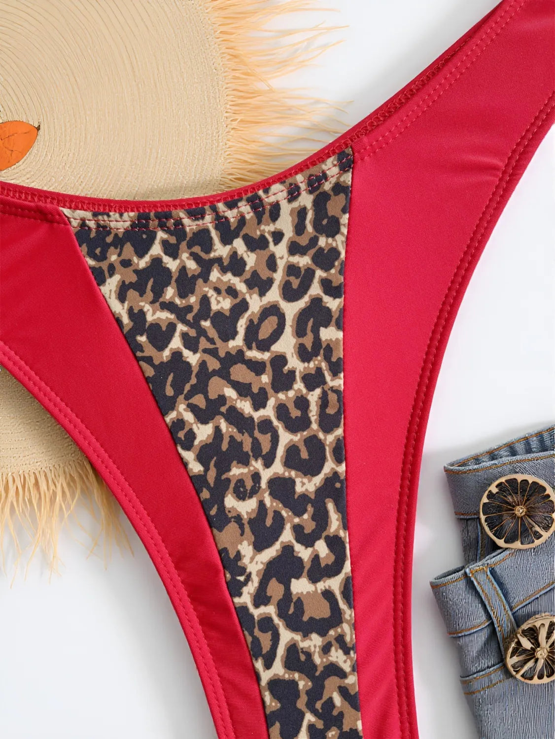 Damen Bikini Set | Leopardenmuster & Colorblock | Triangel-Oberteil | Rot & Leo-Print