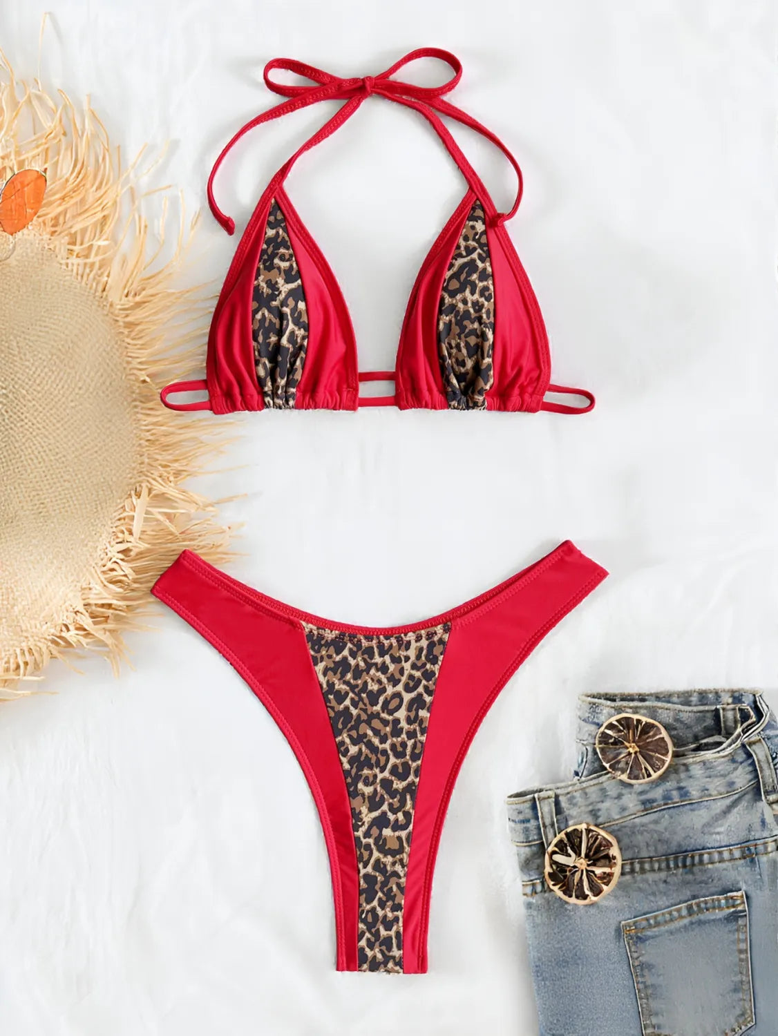 Damen Bikini Set | Leopardenmuster & Colorblock | Triangel-Oberteil | Rot & Leo-Print