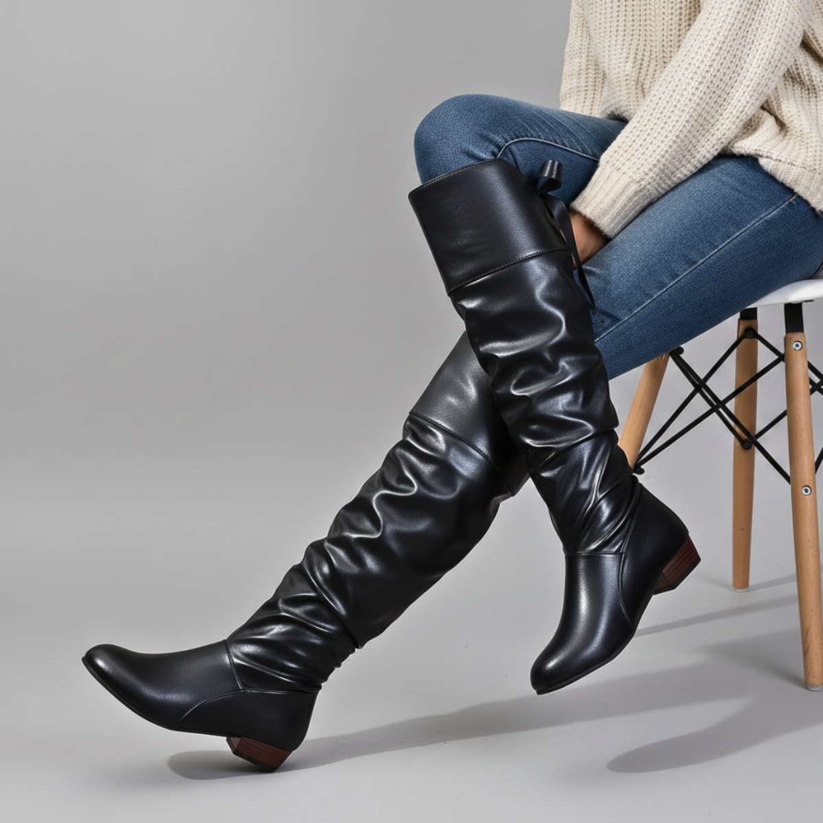 Damen Boots Mandelzehe Slouch Schaft locker fallend mit Blockabsatz