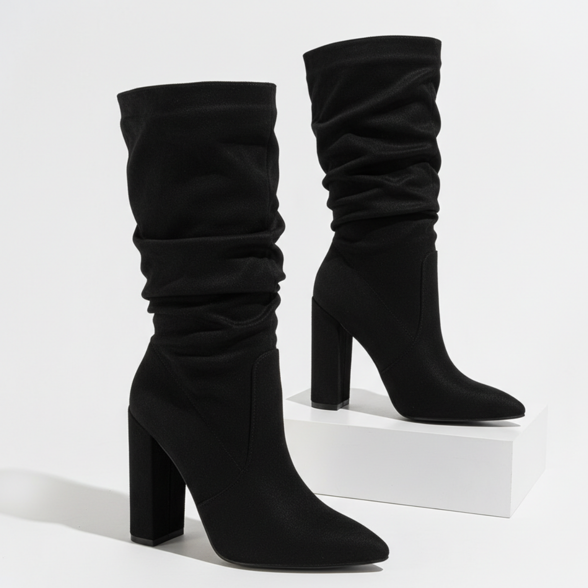 Damen Boots weicher Schaft Slouch Optik spitze Zehen mit Blockabsatz