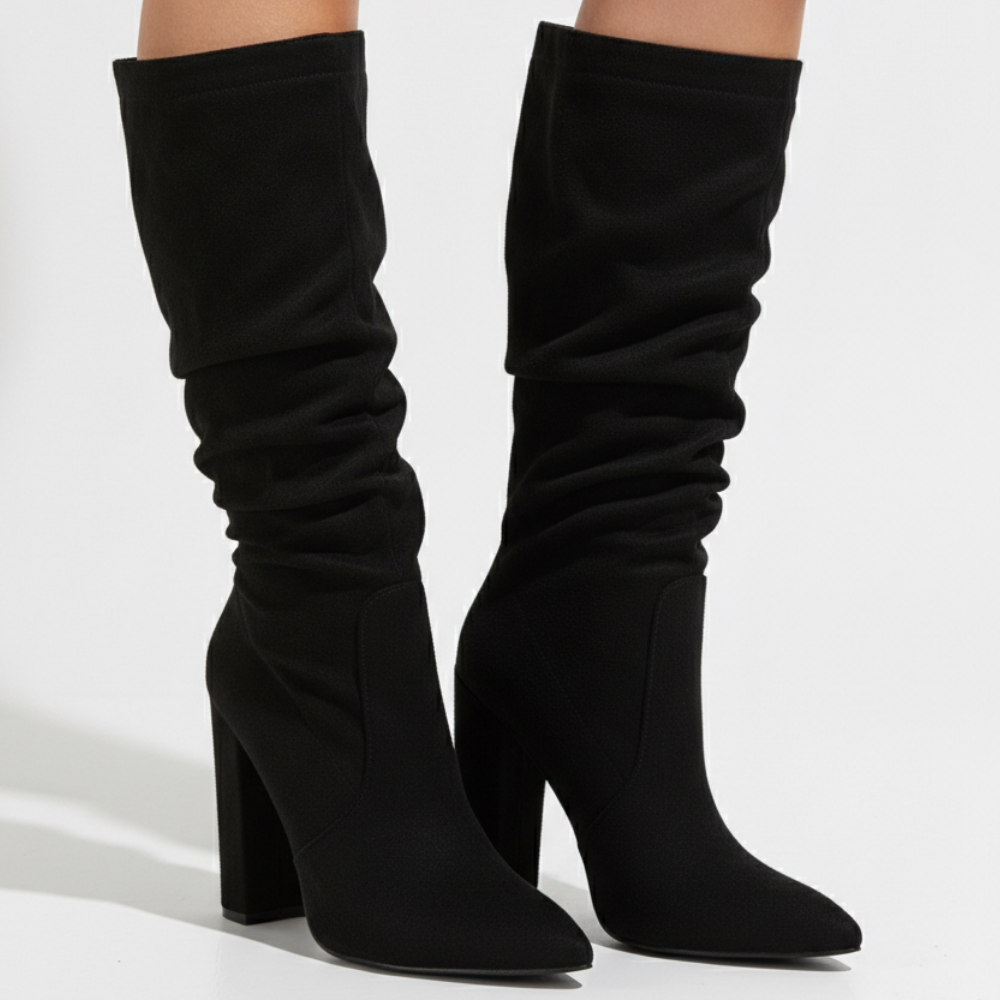 Damen Boots weicher Schaft Slouch Optik spitze Zehen mit Blockabsatz