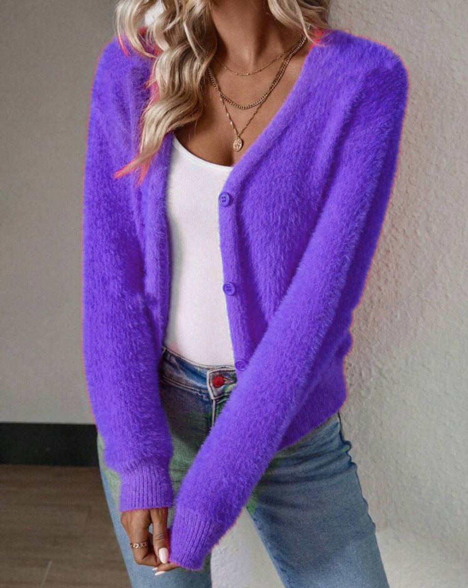 Damen Cardigan flauschig kurz V-Ausschnitt Langarm mit Rippbündchen