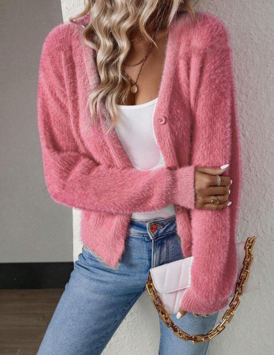 Damen Cardigan flauschig kurz V-Ausschnitt Langarm mit Rippbündchen