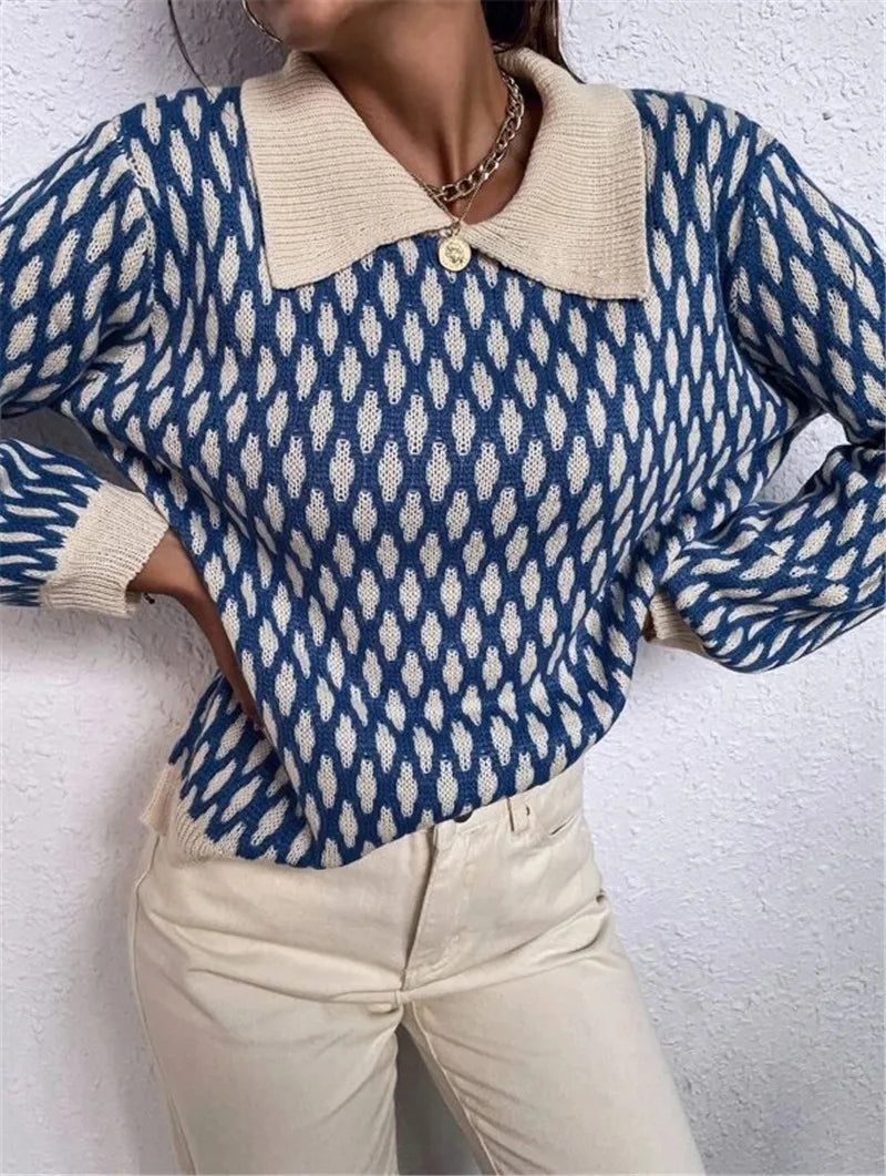 Damen Oversize Strickpullover Blau im Vintage-Karo Look