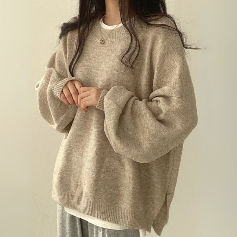 Damen Oversized Pullover Seitenschlitz Strickpullover Casual 3