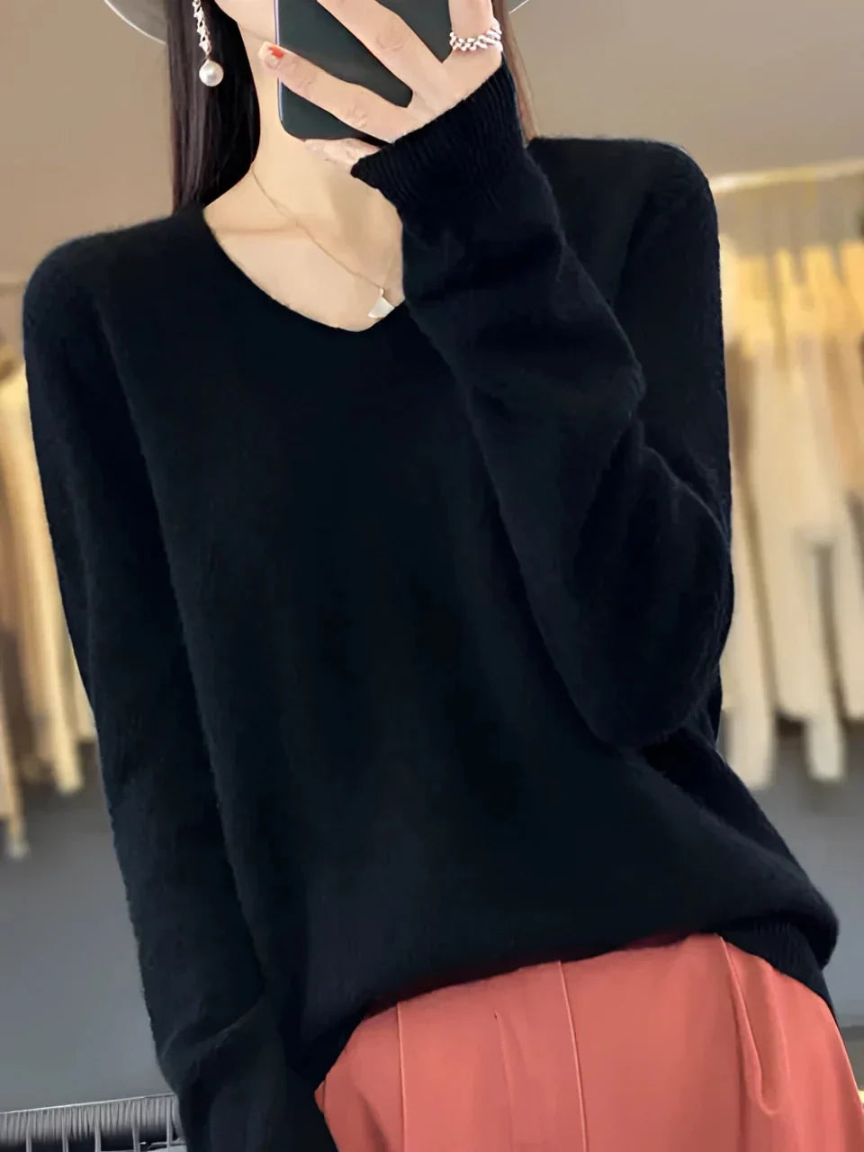 Damen V-Ausschnitt Pullover Langarm Strickpullover Taillierte Passform 2