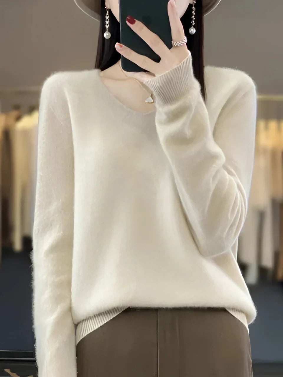 Damen V-Ausschnitt Pullover Langarm Strickpullover Taillierte Passform 3