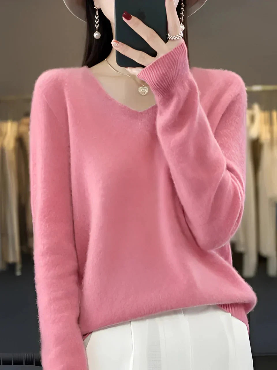 Damen V-Ausschnitt Pullover Langarm Strickpullover Taillierte Passform 4