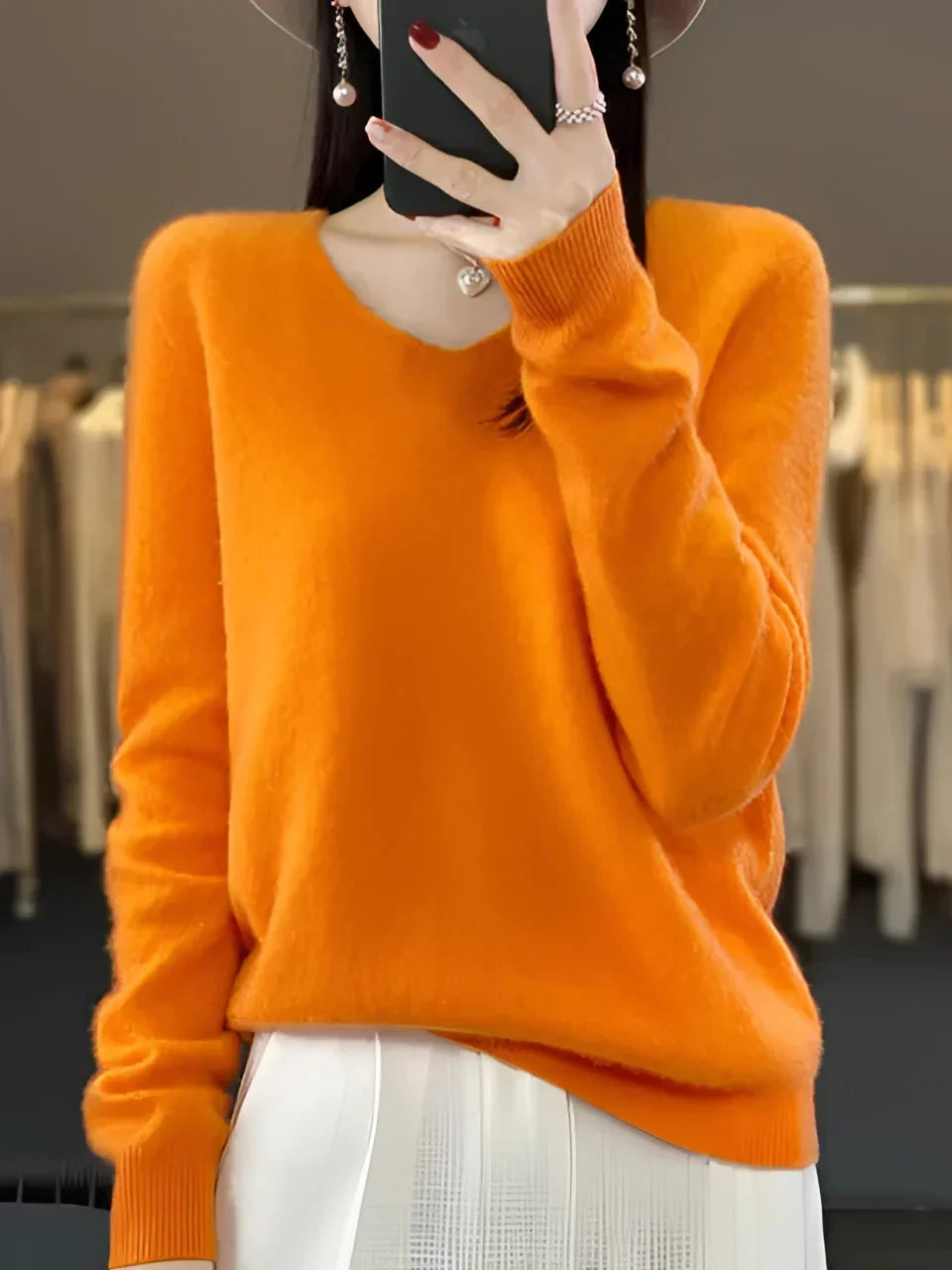 Damen V-Ausschnitt Pullover Langarm Strickpullover Taillierte Passform 5