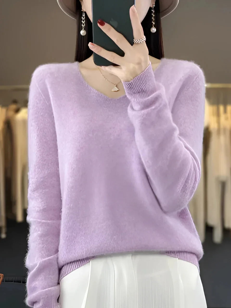 Damen V-Ausschnitt Pullover Langarm Strickpullover Taillierte Passform 6
