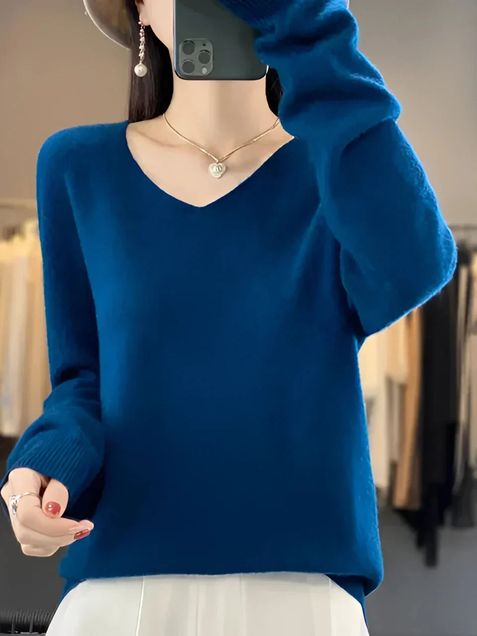 Damen V-Ausschnitt Pullover Langarm Strickpullover Taillierte Passform 7
