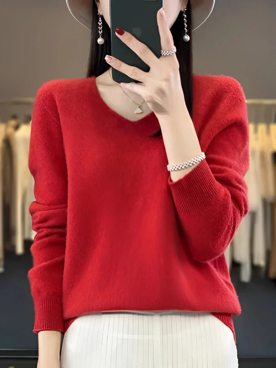 Damen V-Ausschnitt Pullover Langarm Strickpullover Taillierte Passform 8