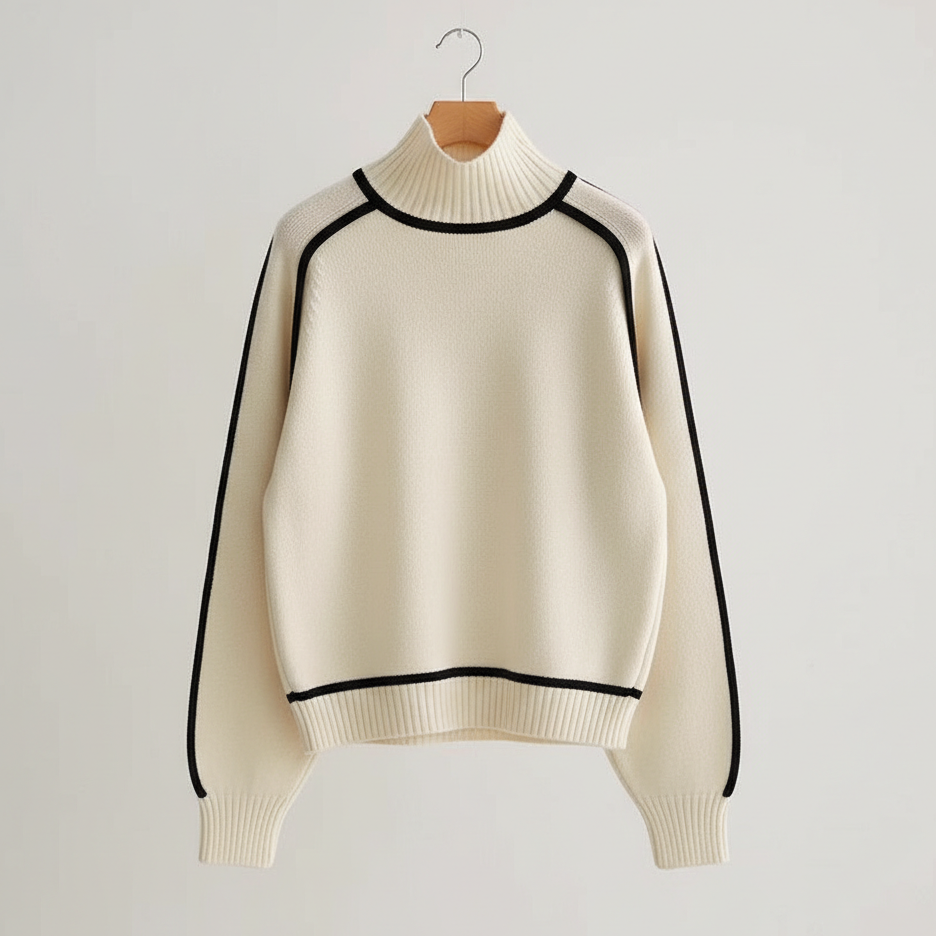 Damen Rollkragen Strickpullover Kontrastdetails Ärmel 2