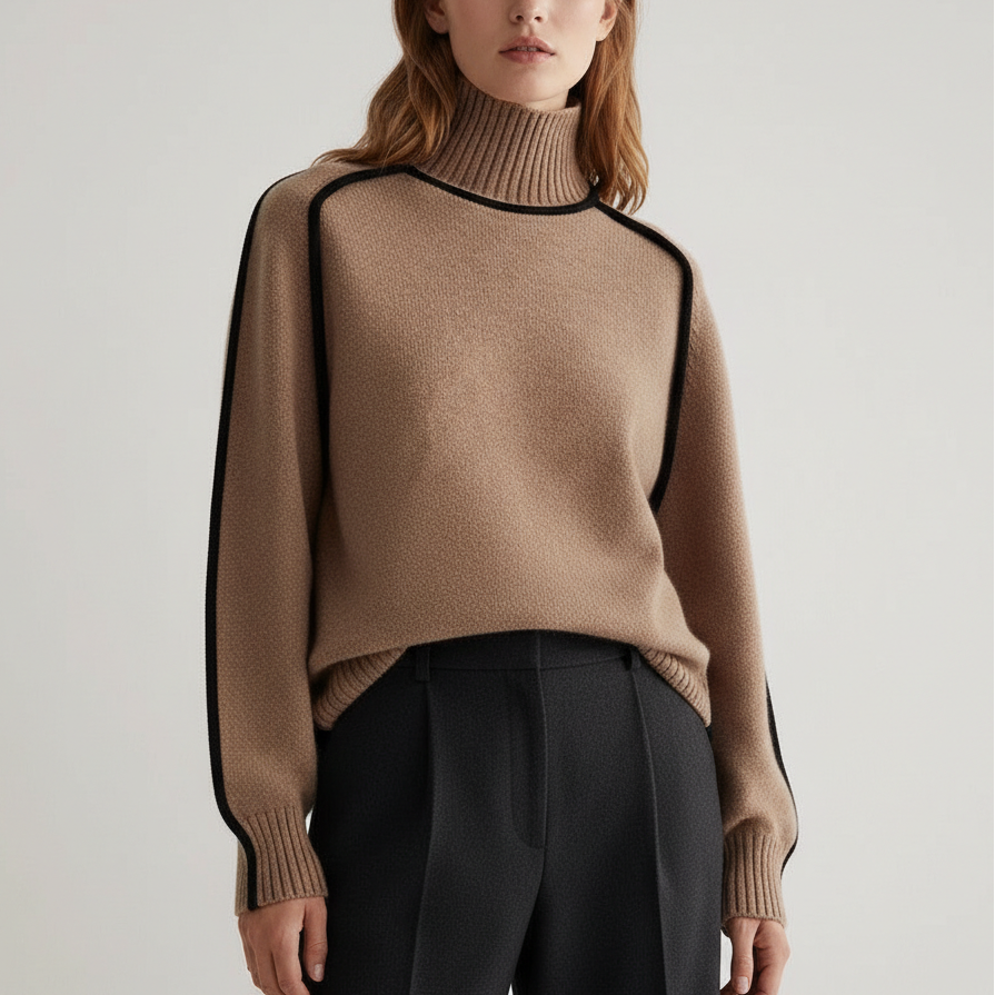 Damen Rollkragen Strickpullover Kontrastdetails Ärmel 5
