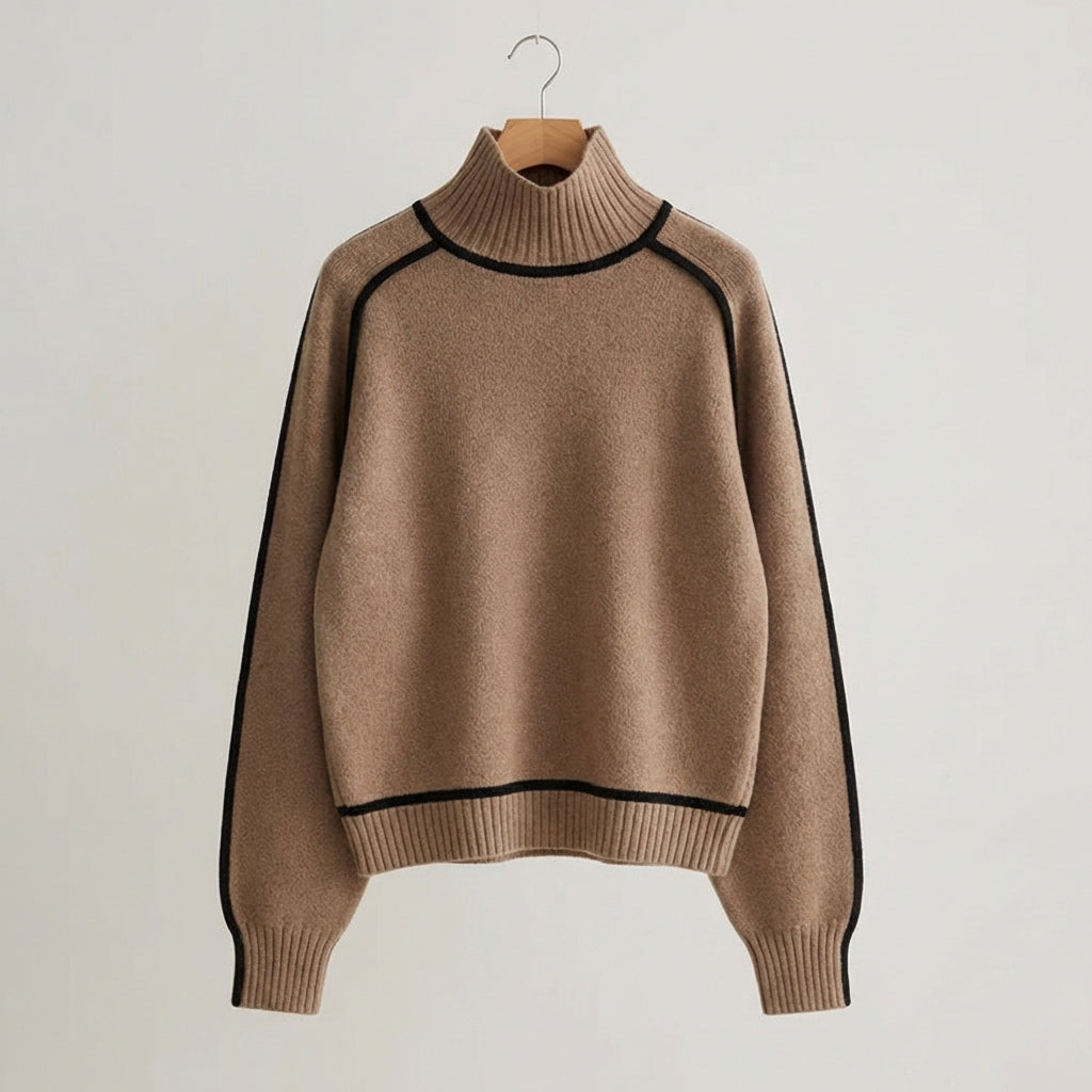 Damen Rollkragen Strickpullover Kontrastdetails Ärmel 6