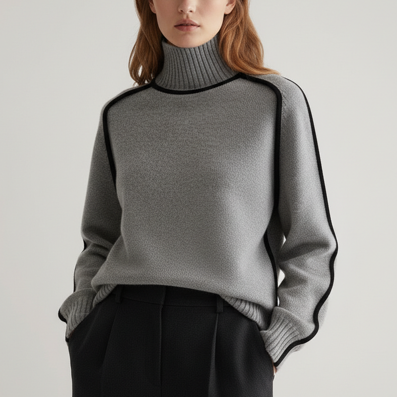Damen Rollkragen Strickpullover Kontrastdetails Ärmel 7