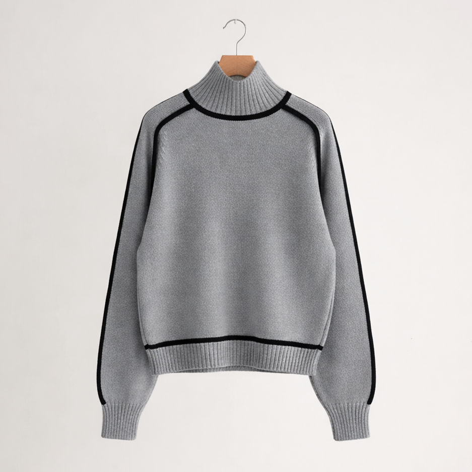 Damen Rollkragen Strickpullover Kontrastdetails Ärmel 8