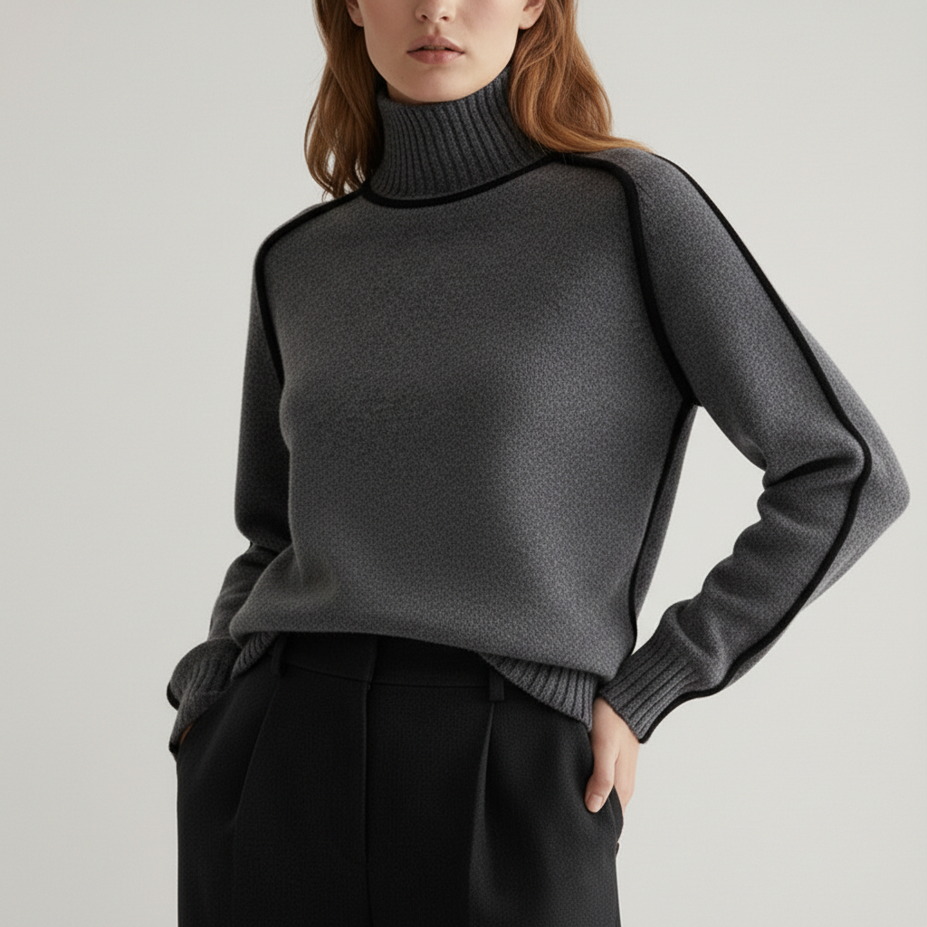 Damen Rollkragen Strickpullover Kontrastdetails Ärmel 9