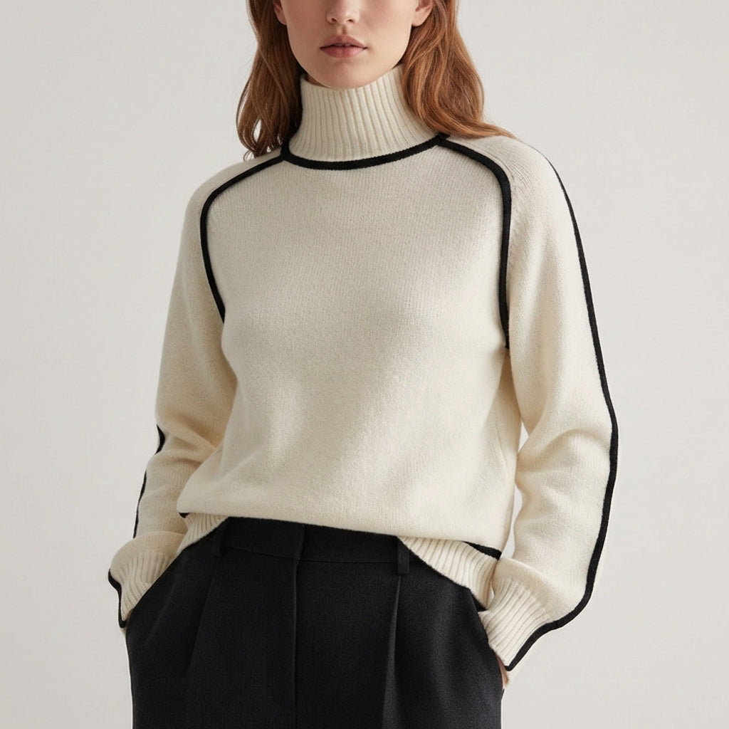 Damen Rollkragen Strickpullover Kontrastdetails Ärmel 1