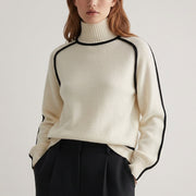 Damen Rollkragenpullover Rippkragen Stretch Langarm mit Kontrastbesatz