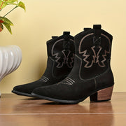 Botas de senhora estilo western com costuras decorativas, cano largo e salto grosso
