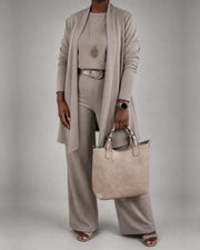 Damen Strickjacke offen lang gerader Schnitt Set mit Wide-Leg-Hose