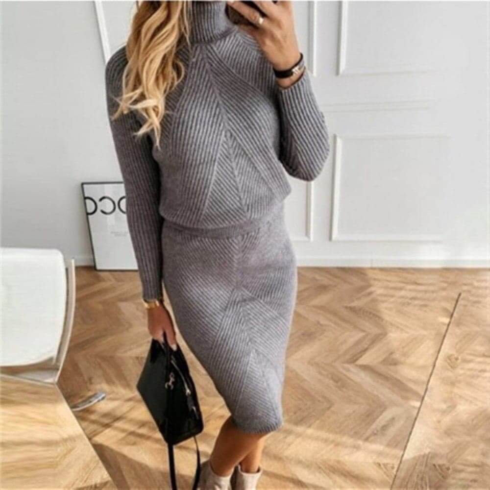 Damen Rollkragen Strickkleid Midi Langarm Ripp Strick 9