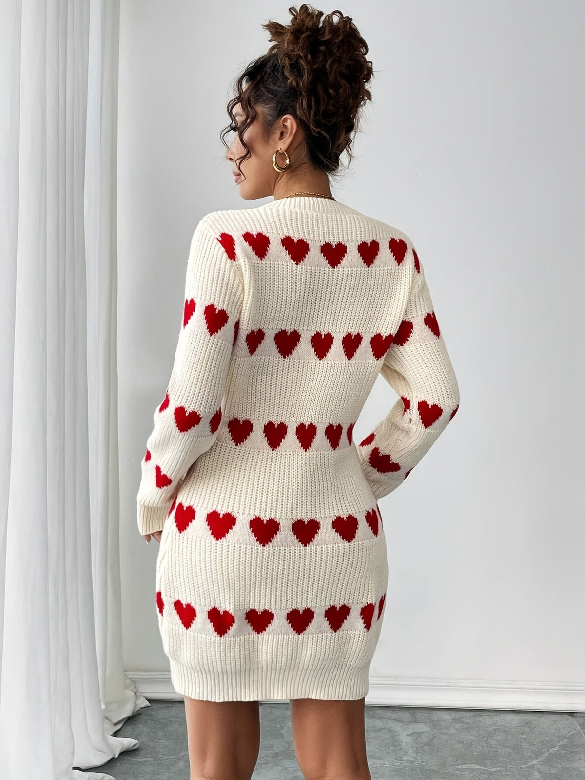 Damen Strickkleid Herzmuster Rundhals Rippstrick Langarm 2
