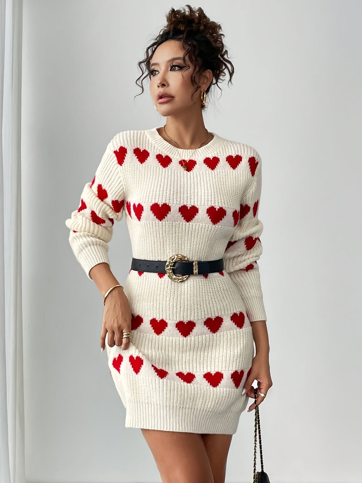 Damen Strickkleid Herzmuster Rundhals Rippstrick Langarm 3