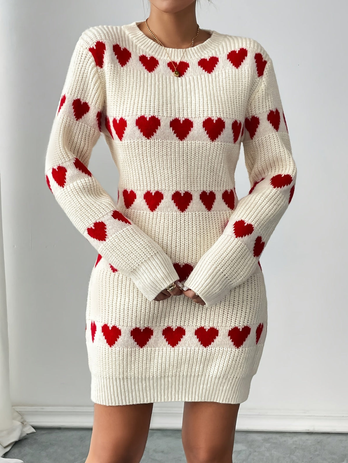 Damen Strickkleid Herzmuster Rundhals Rippstrick Langarm 4