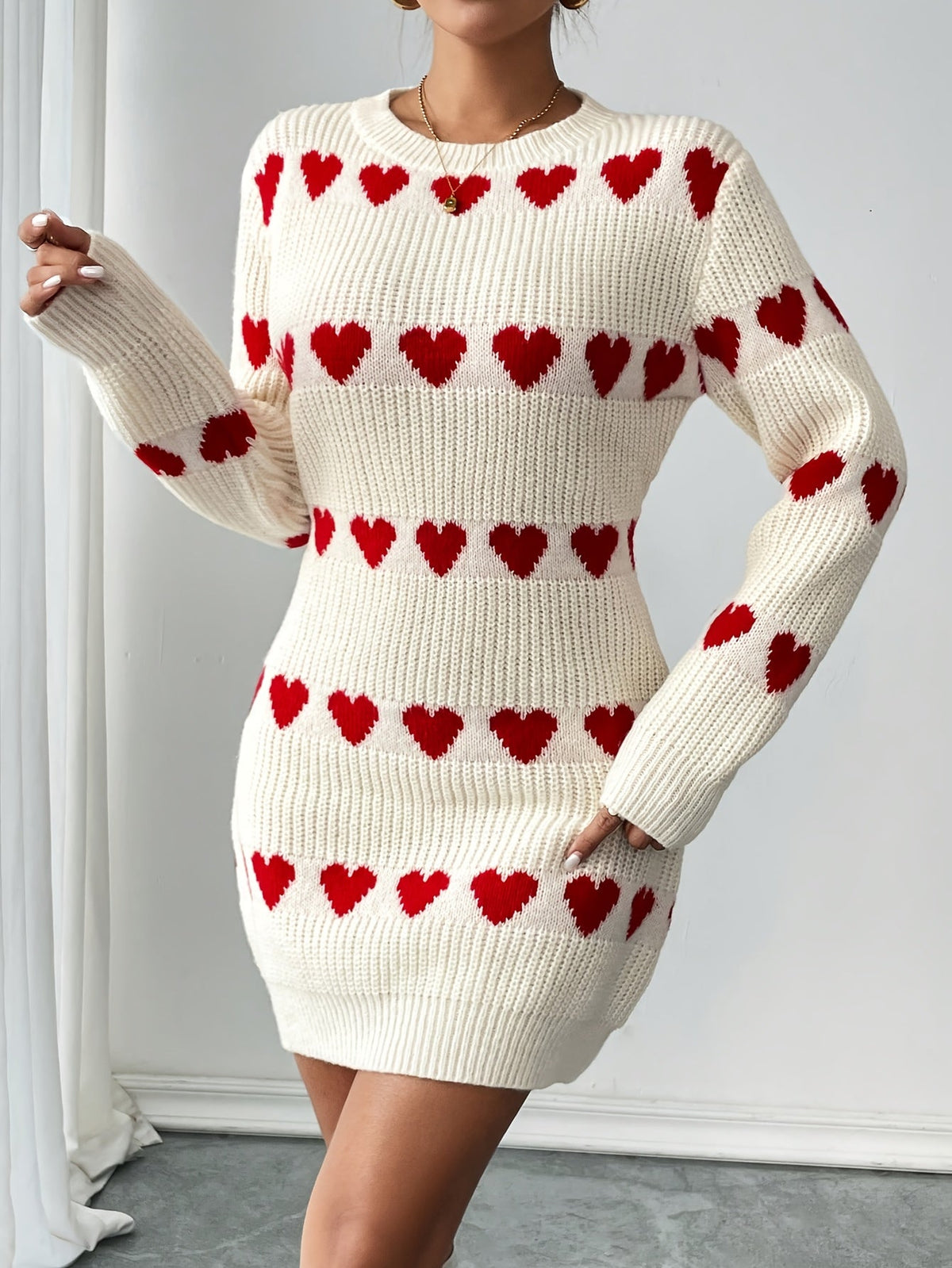 Damen Strickkleid Herzmuster Rundhals Rippstrick Langarm 5