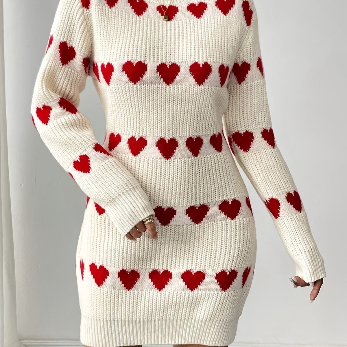 Damen Strickkleid Herzmuster Rundhals Rippstrick Langarm 6