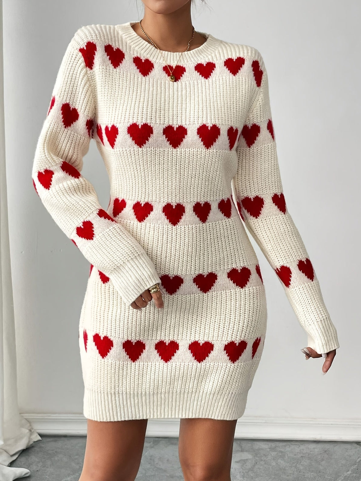 Damen Strickkleid Herzmuster Rundhals Rippstrick Langarm 1