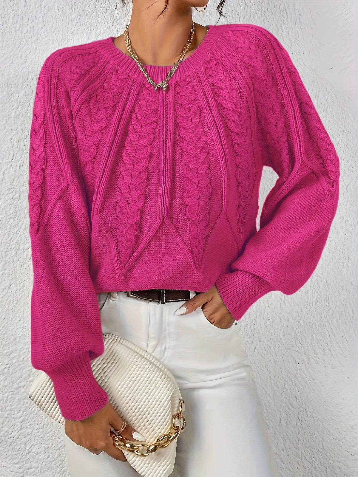 Damen Oversize Kabelstrick Pullover Ballonärmel Rundhals 11