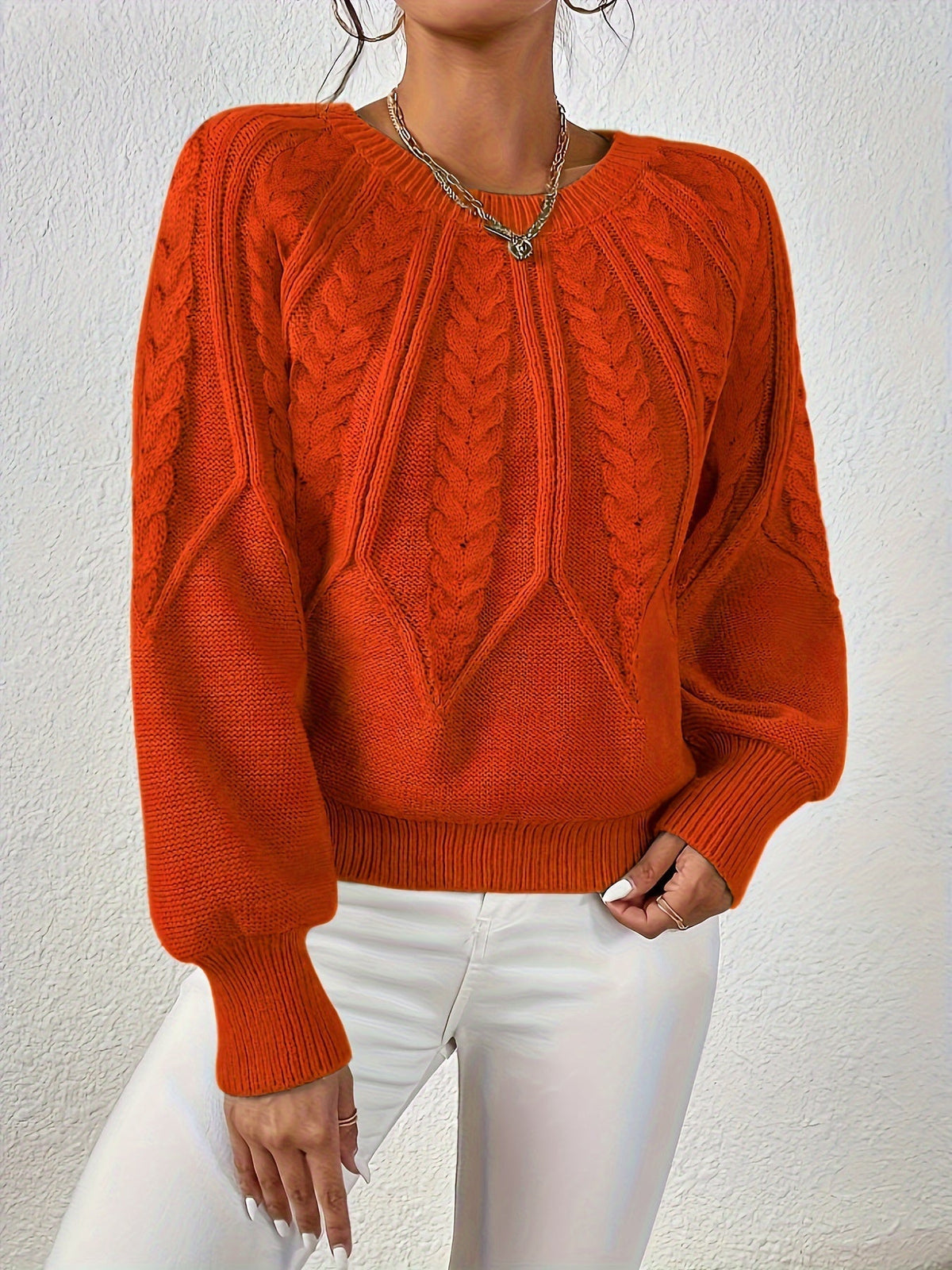 Damen Oversize Kabelstrick Pullover Ballonärmel Rundhals 12