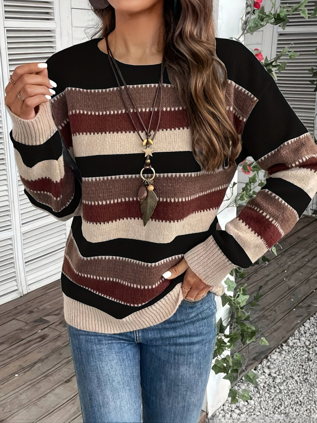 Damen Strickpullover Rundhals Streifenmuster Pullover Locker 10