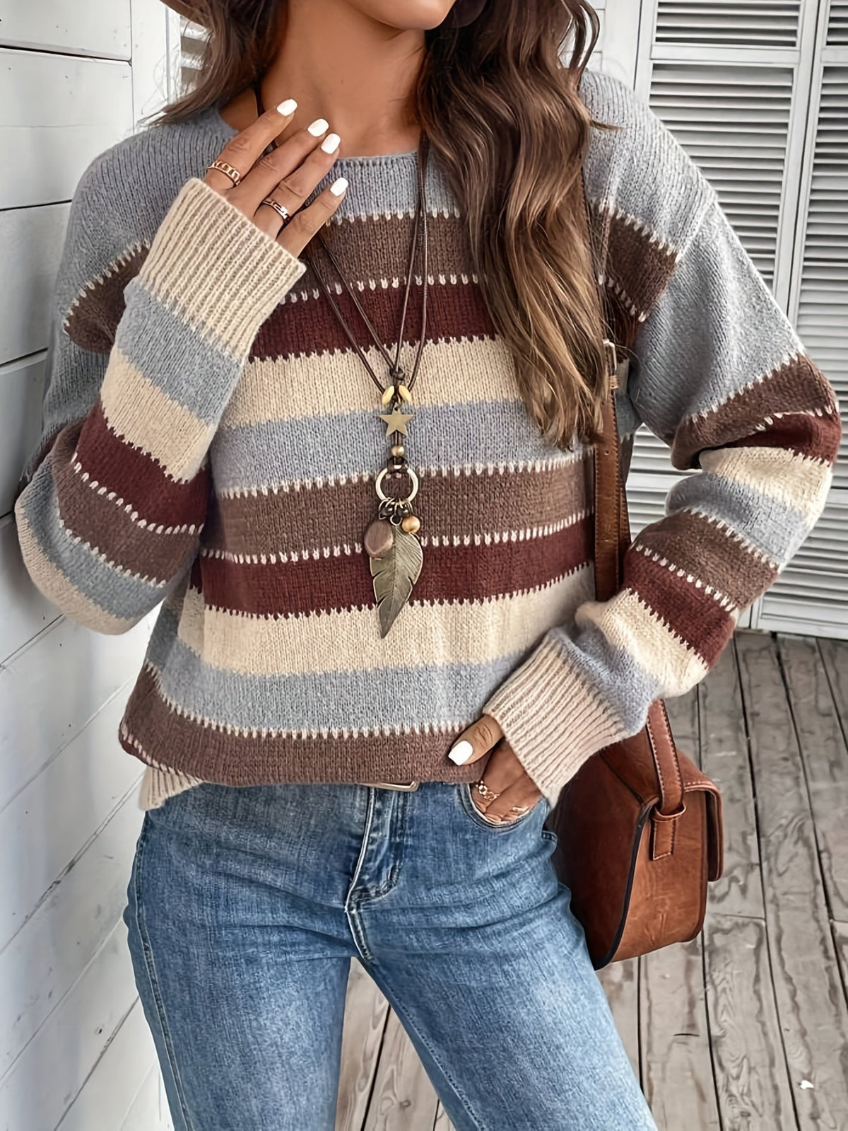 Damen Strickpullover Rundhals Streifenmuster Pullover Locker 3