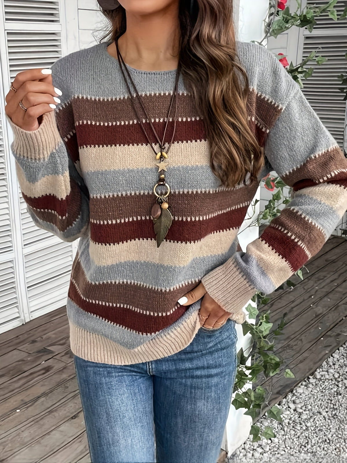 Damen Strickpullover Rundhals Streifenmuster Pullover Locker 5