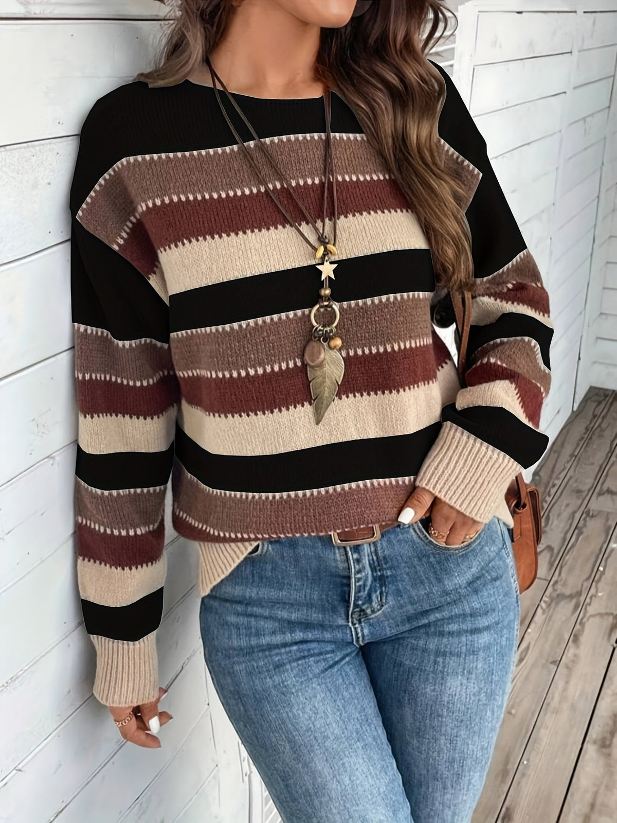 Damen Strickpullover Rundhals Streifenmuster Pullover Locker 6
