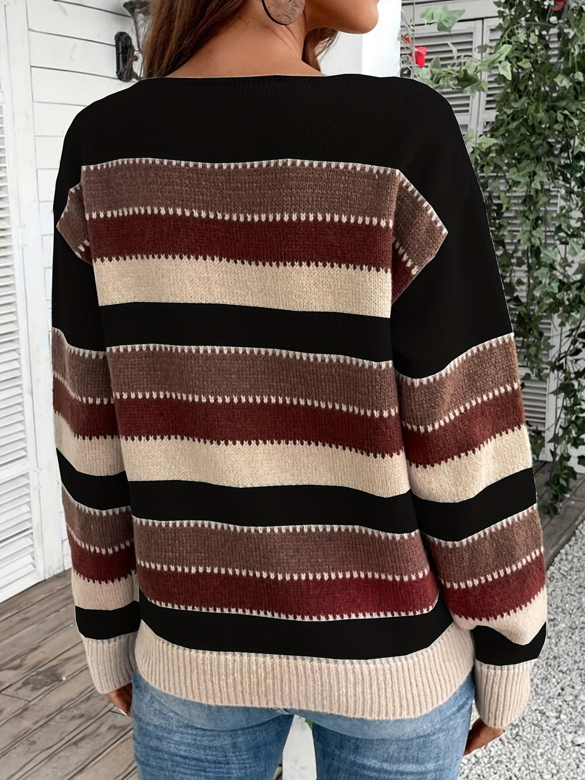 Damen Strickpullover Rundhals Streifenmuster Pullover Locker 7