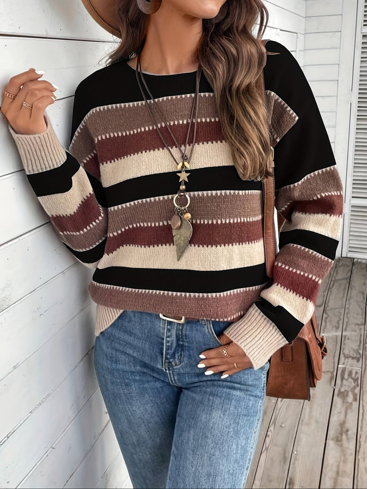 Damen Strickpullover Rundhals Streifenmuster Pullover Locker 8