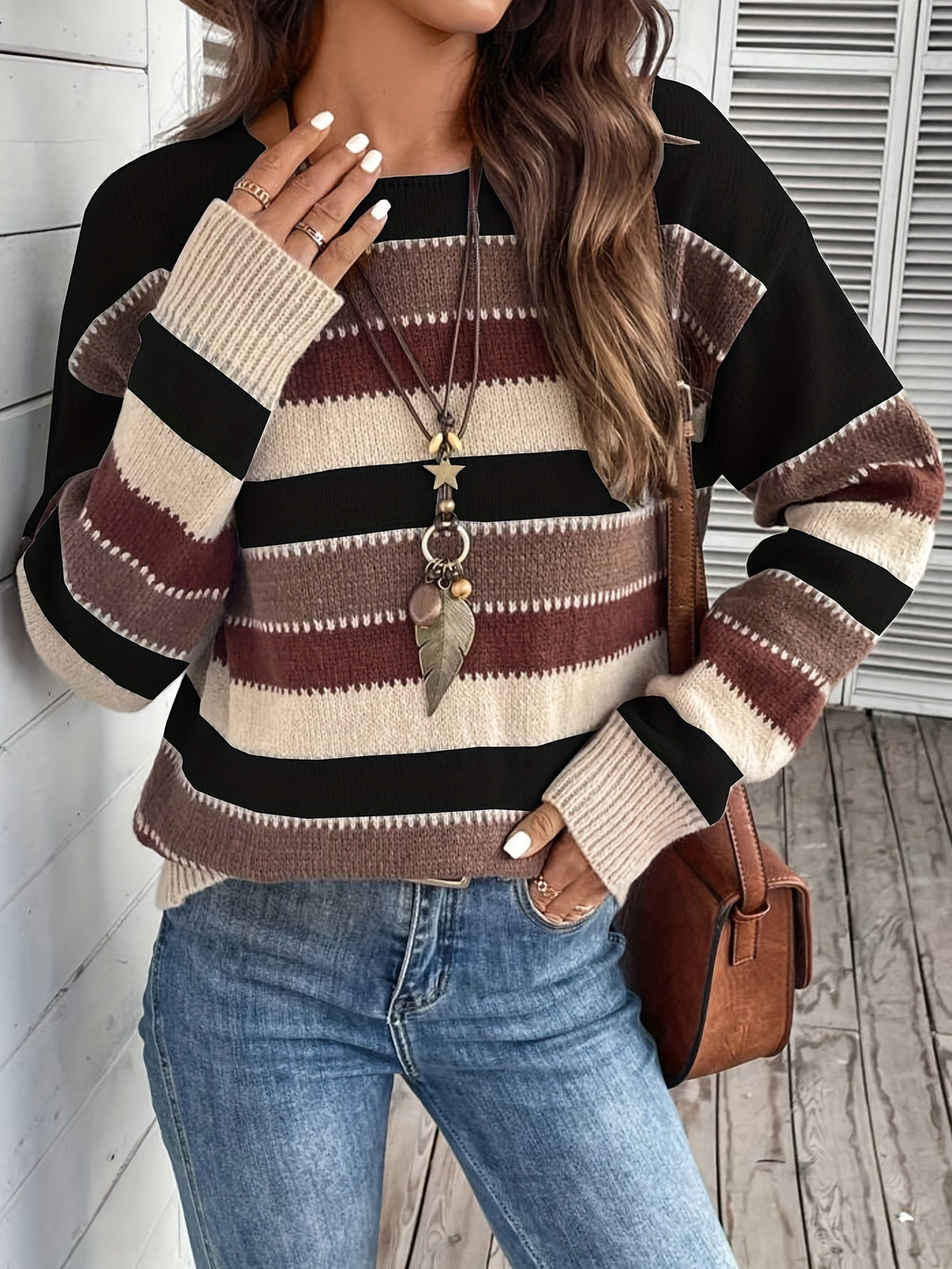 Damen Strickpullover Rundhals Streifenmuster Pullover Locker 9