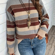 Pull pour femme en maille à rayures, col rond, coupe ample et poignets côtelés