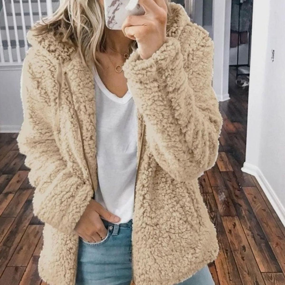 Damen Teddymantel Oversized Kapuze Flauschig mit Frontreißverschluss