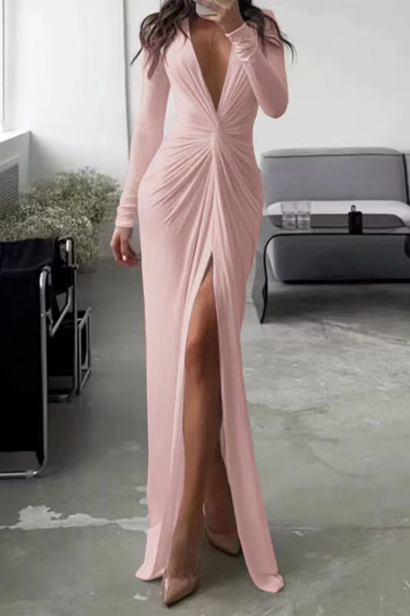 Damen V-Ausschnitt Falten Maxi Kleid - Maya